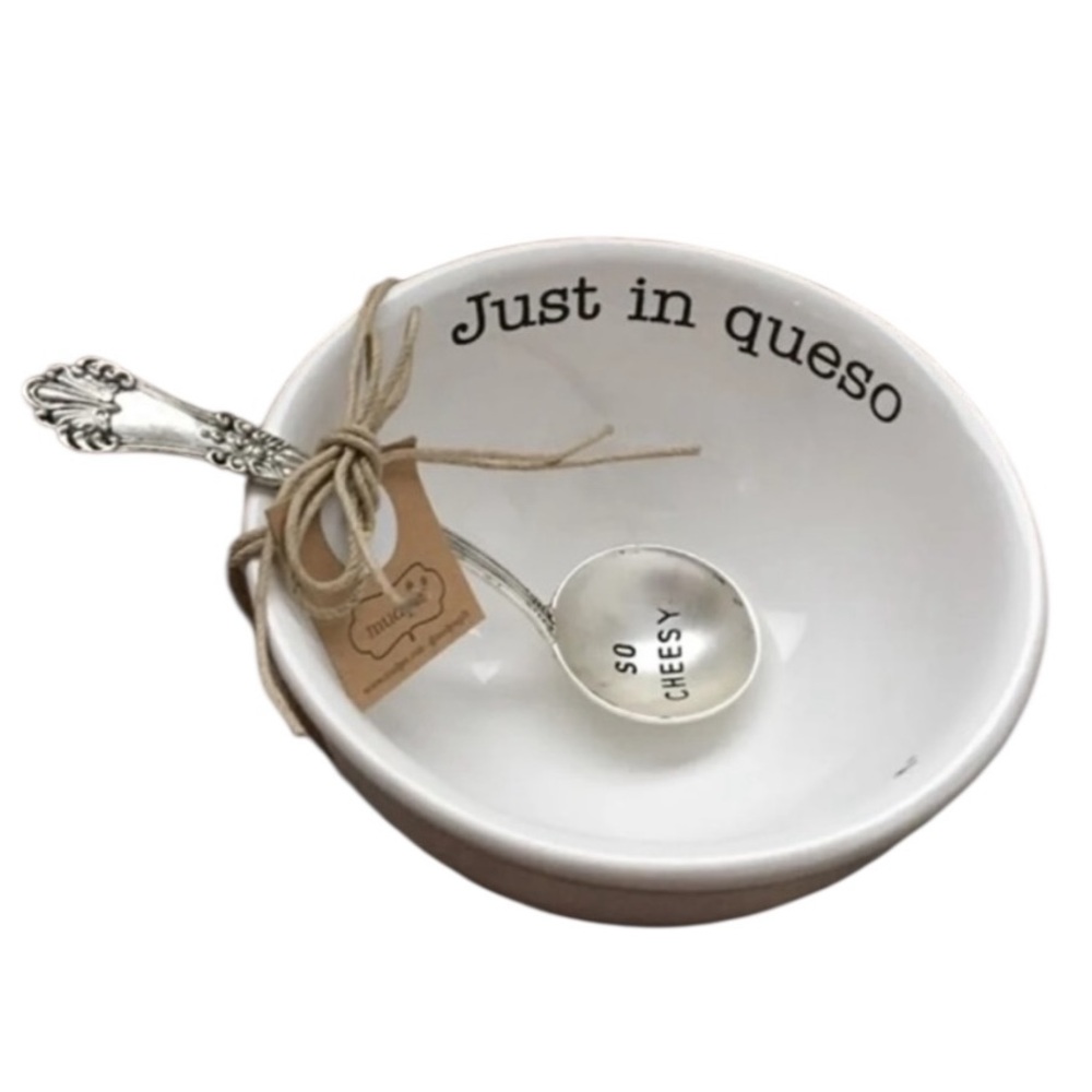 Mud Pie JUST IN QUESO Dip Set White Bowl Silver Engraved Spoon NWT